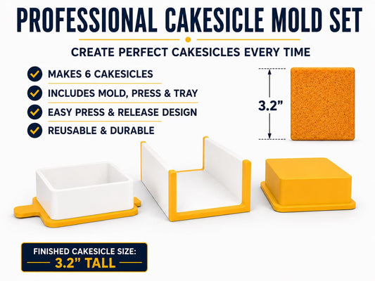 Square cake pop mold set components with matching mold, press tool, cutter, and 6-inch tray.