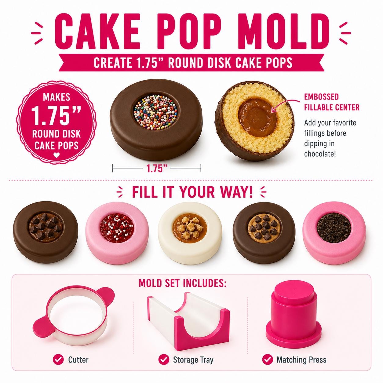 1.75 Inch Round Cake Pop Mold Set, Embossed Cake Pop Maker, Filled Cake Pop Mold, Cake Pop Press, Baking Tool, Cake Decorating