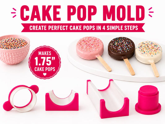 1.75 Inch Round cake pop mold set with matching tools and decorated 1.75 inch round cake pops.