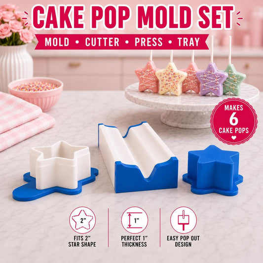 2 Inch Star cake pop mold set with matching tools and decorated 2 inch star cake pops.