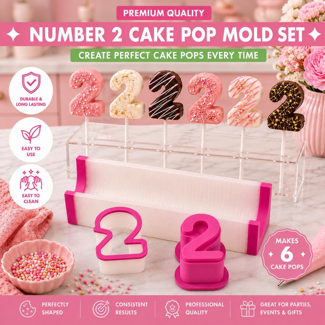 2 inch Number 2 Cake Pop Mold Set with Display Tray | Includes Press Tool | Birthday Cake Pop Maker | Made to Order