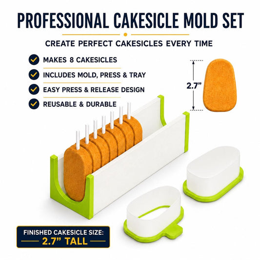 2-inch cakesicle mold set with matching mold, press tool and 6-inch tray.