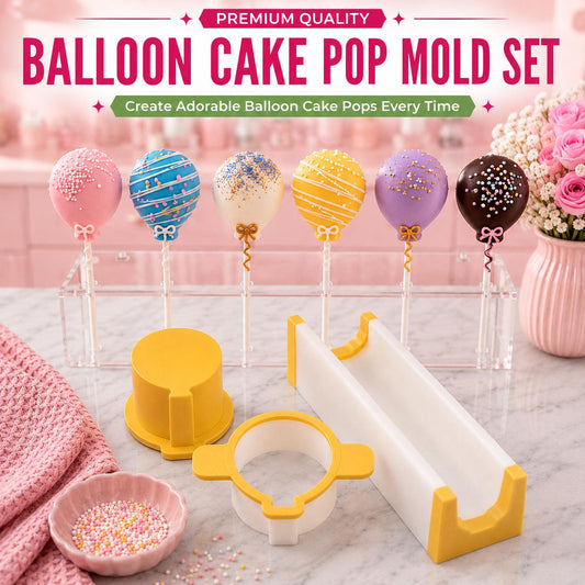 Balloon cake pop mold set with matching tools and decorated balloon cake pops.