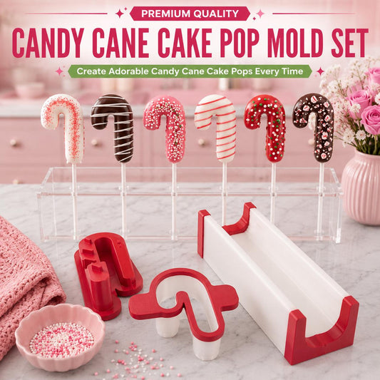 2 Inch Candy Cane cake pop mold set with matching tools and decorated 2 inch candy cane cake pops.