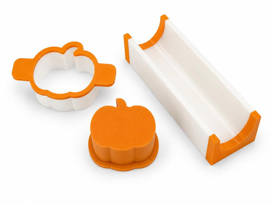 2 Inch Pumpkin cake pop mold set components with matching mold, press tool, cutter, and 6-inch tray.