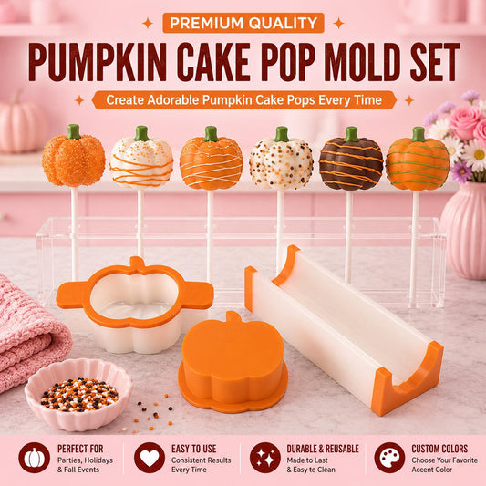 2 Inch Pumpkin cake pop mold set with matching tools and decorated 2 inch pumpkin cake pops.