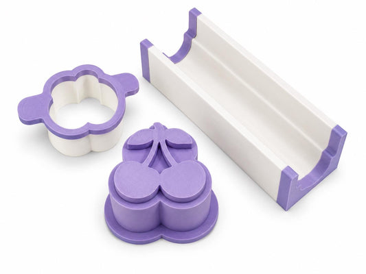 Cherry cake pop mold set components with matching mold, press tool, cutter, and 6-inch tray.
