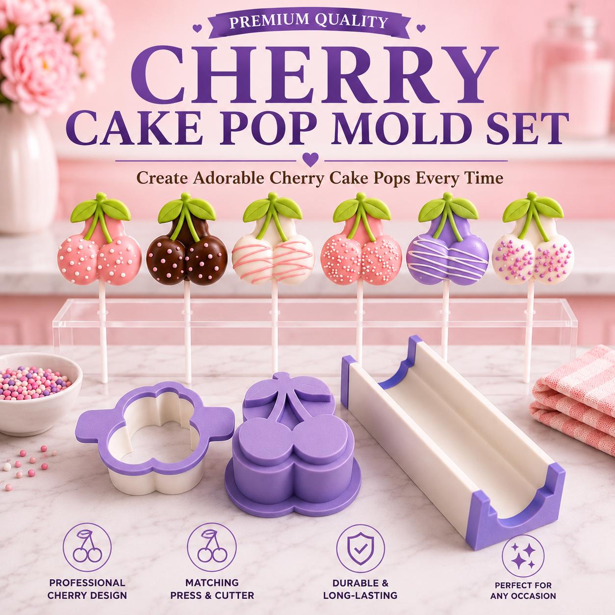 Cherry Cake Pop Mold Set with Press, Cutter and 6-Inch Display Tray | Custom Color Bakery Tool | Cherry Cake Pop Maker