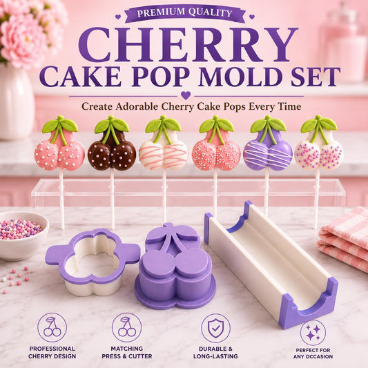Cherry cake pop mold set with matching tools and decorated cherry cake pops.
