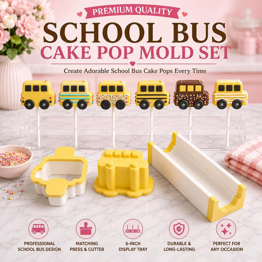 School Bus cake pop mold set with matching tools and decorated school bus cake pops.