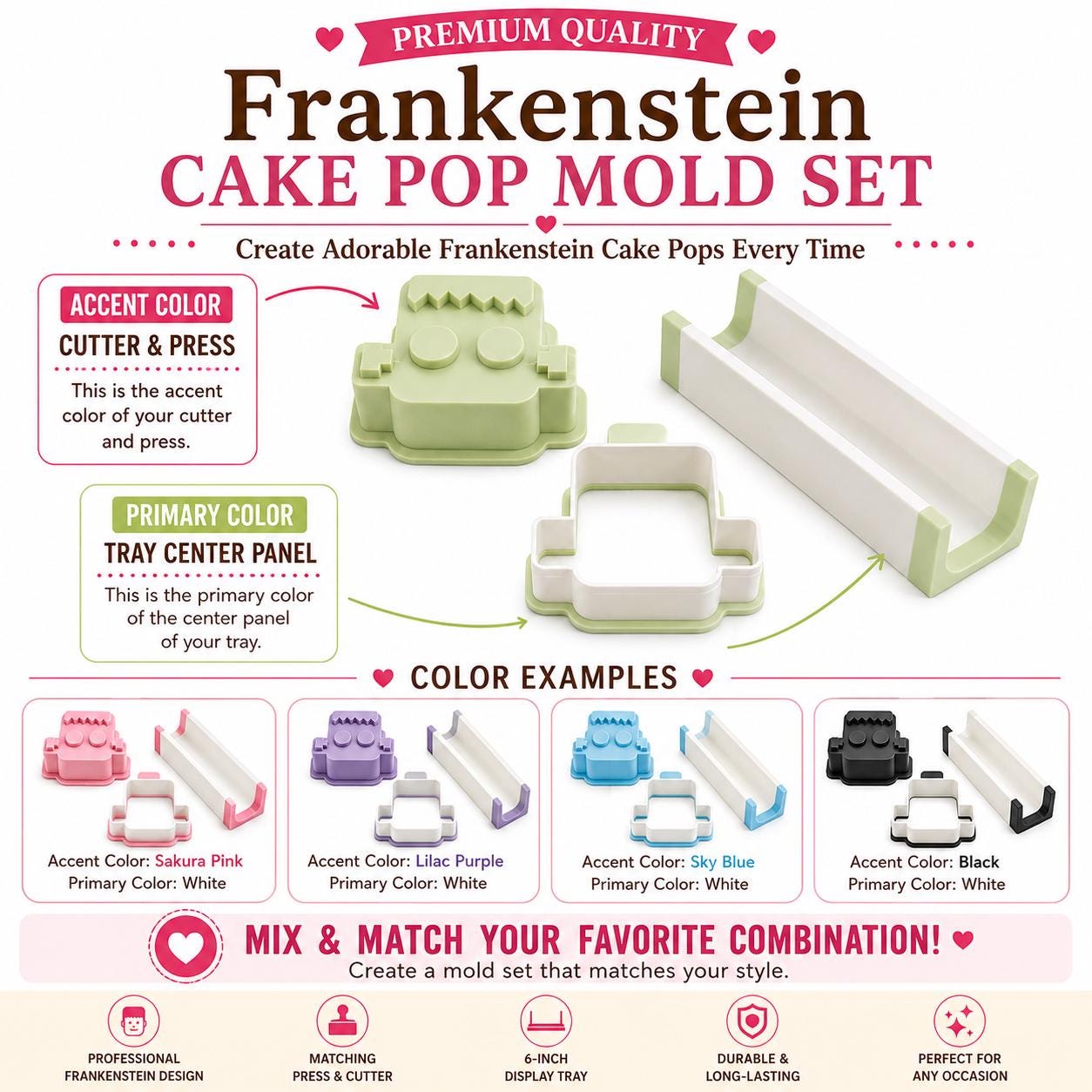 Frankenstein Cake Pop Mold Set with Press, Cutter and 6-Inch Display Tray | Halloween Cake Pop Maker | Custom Colors