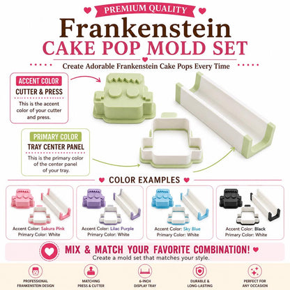 Frankenstein Cake Pop Mold Set with Press, Cutter and 6-Inch Display Tray | Halloween Cake Pop Maker | Custom Colors
