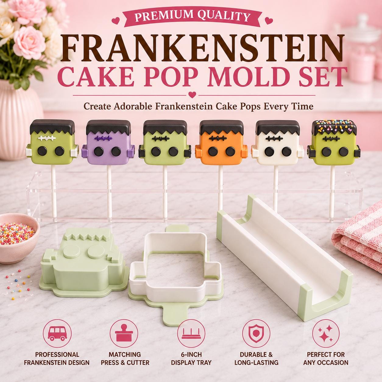 Frankenstein Cake Pop Mold Set with Press, Cutter and 6-Inch Display Tray | Halloween Cake Pop Maker | Custom Colors