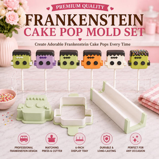 Frankenstein cake pop mold set with matching tools and decorated frankenstein cake pops.