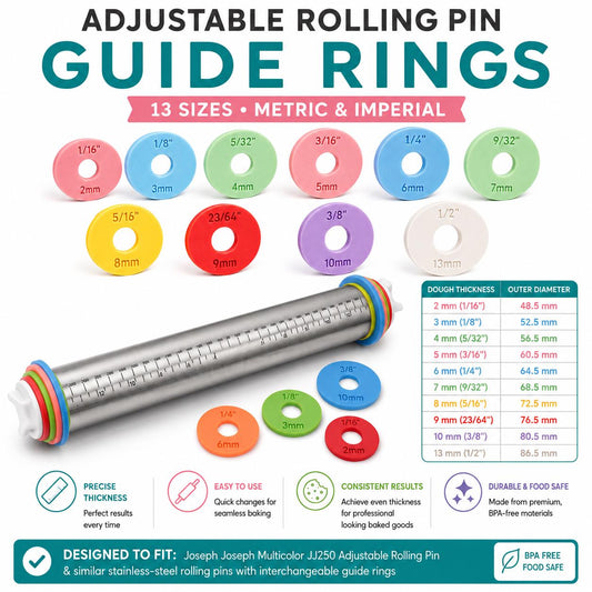 Rolling Pin Guide Rings Version 2 | Dough Thickness Spacer Guides | Metric & Imperial Baking Rings | Fondant Cookie Dough Tools