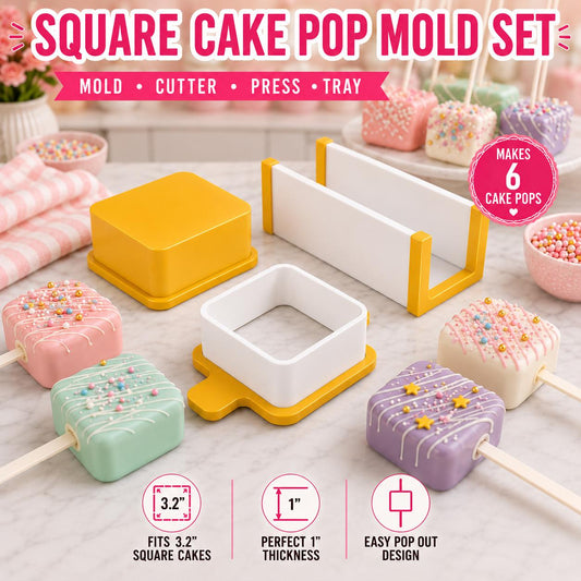 Square cake pop mold set with matching tools and decorated square cake pops.