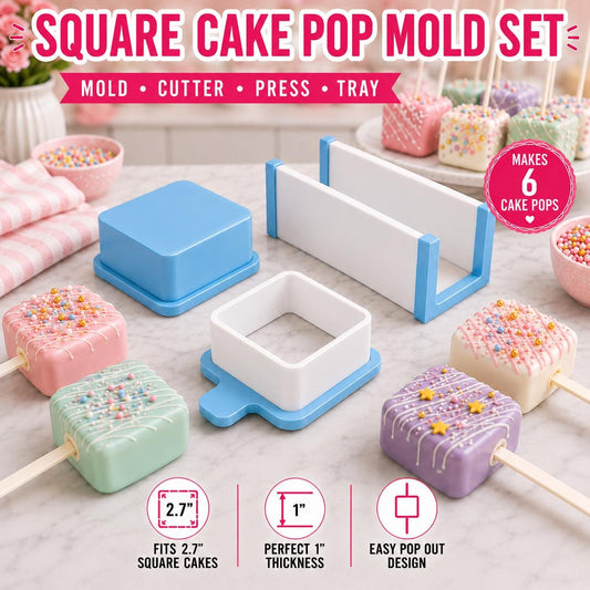Square cake pop mold set with matching tools and decorated square cake pops.