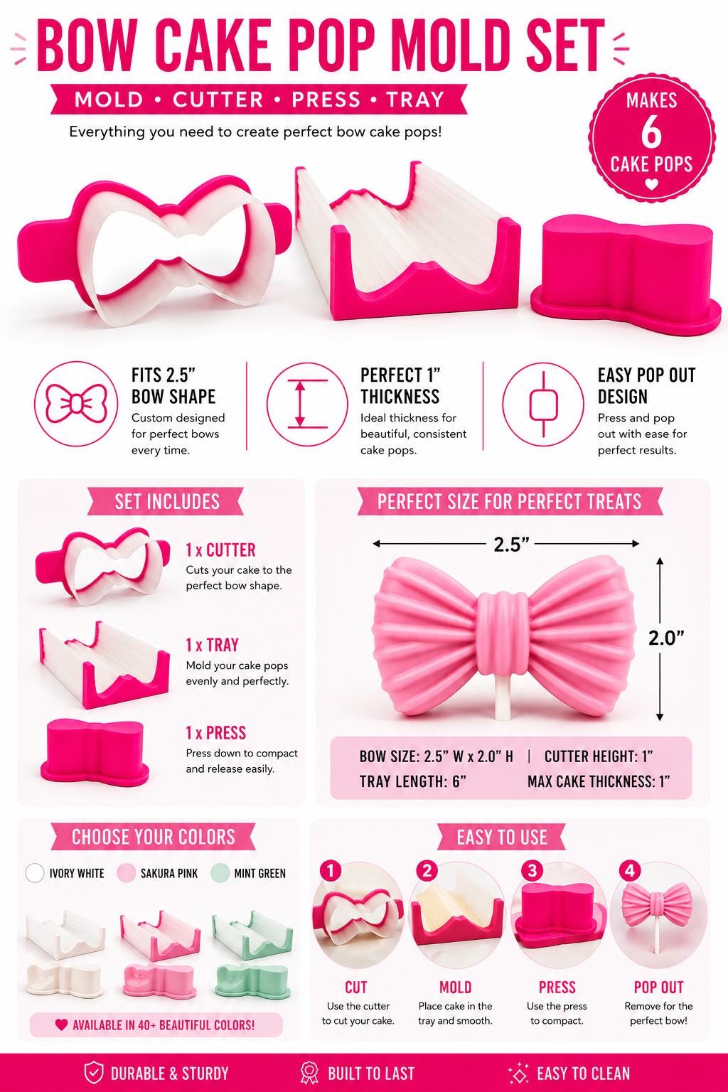 Bow Cake Pop Mold Set with Cutter Press and Tray, 2.5 Inch Cake Pop Maker, Cake Pop Decorating Tool, DIY Baking Mold