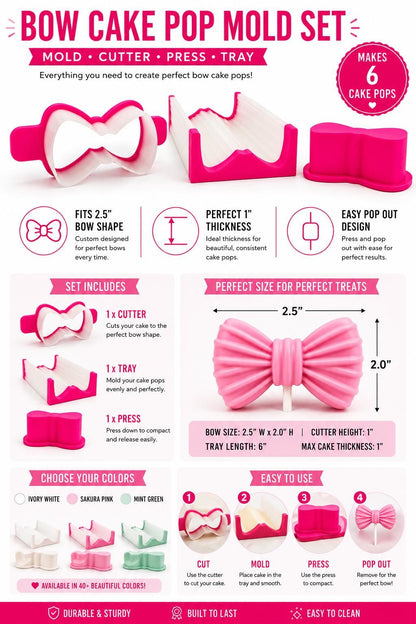 Bow Cake Pop Mold Set with Cutter Press and Tray, 2.5 Inch Cake Pop Maker, Cake Pop Decorating Tool, DIY Baking Mold