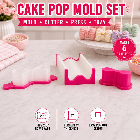 Bow cake pop mold set with matching tools and decorated bow cake pops.
