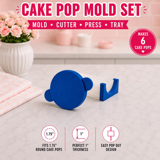 1.75-inch circle cake pop mold set with matching press tool, cutter and 6 Inch Tray.