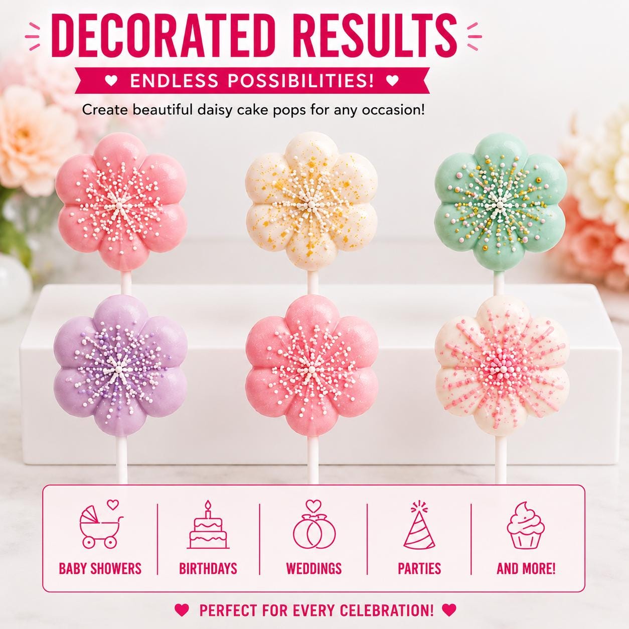 2 Inch Daisy Cakesicle Mold Set with Display Stand | Daisy Cake Mold and Press | Cake Pop Dessert Tool | Custom Color