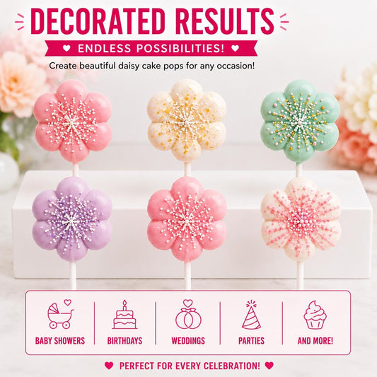 2-inch daisy cakesicle mold set with matching mold, press tool and 6-inch tray.