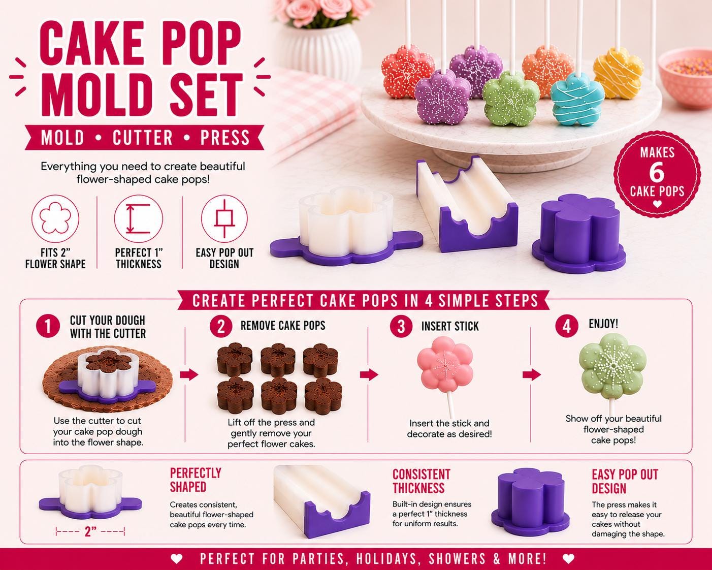 2 Inch Daisy Cakesicle Mold Set with Display Stand | Daisy Cake Mold and Press | Cake Pop Dessert Tool | Custom Color
