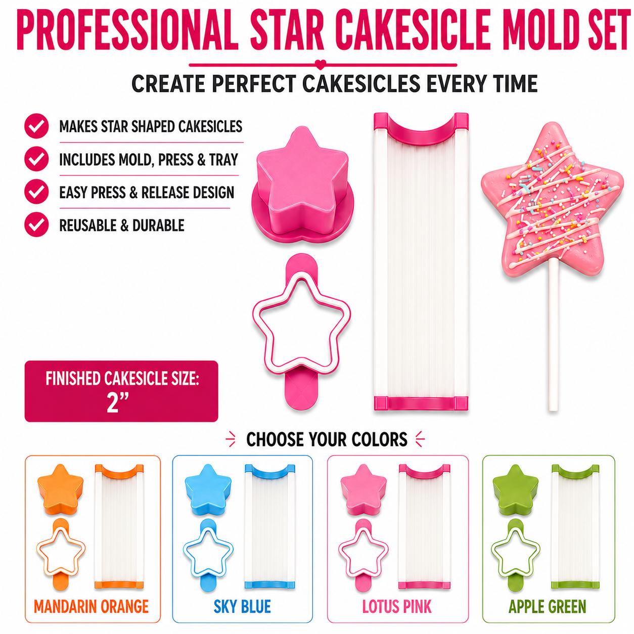 2 Inch Star Cake Pop Mold Set with Press and Display Tray | Star Cake Pop Maker | Cake Pop Mold | Baking Mold | Dessert Decorating Tool