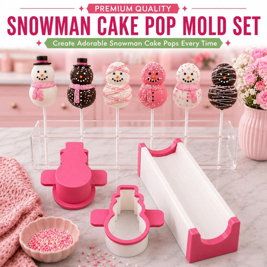 Snowman cake pop mold set with matching tools and decorated snowman cake pops.