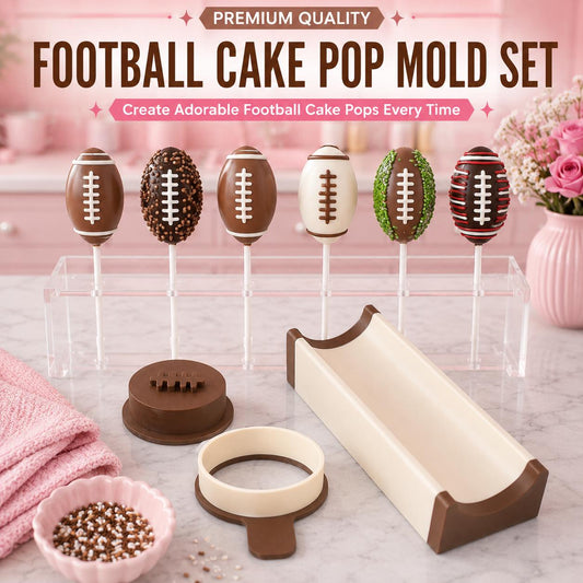 2 Inch Football cake pop mold set with matching tools and decorated 2 inch football cake pops.