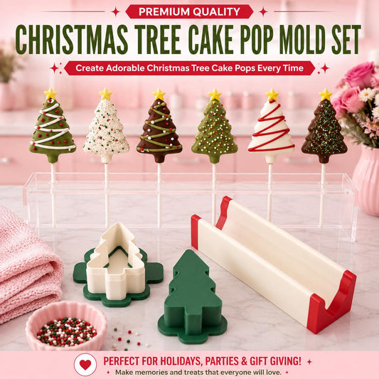 2 Inch Christmas Tree cake pop mold set with matching tools and decorated 2 inch christmas tree cake pops.