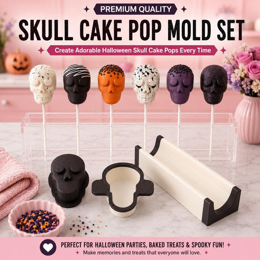 2 Inch Skull cake pop mold set with matching tools and decorated 2 inch skull cake pops.