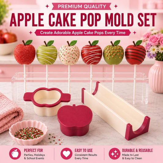 2 Inch Apple cake pop mold set with matching tools and decorated 2 inch apple cake pops.