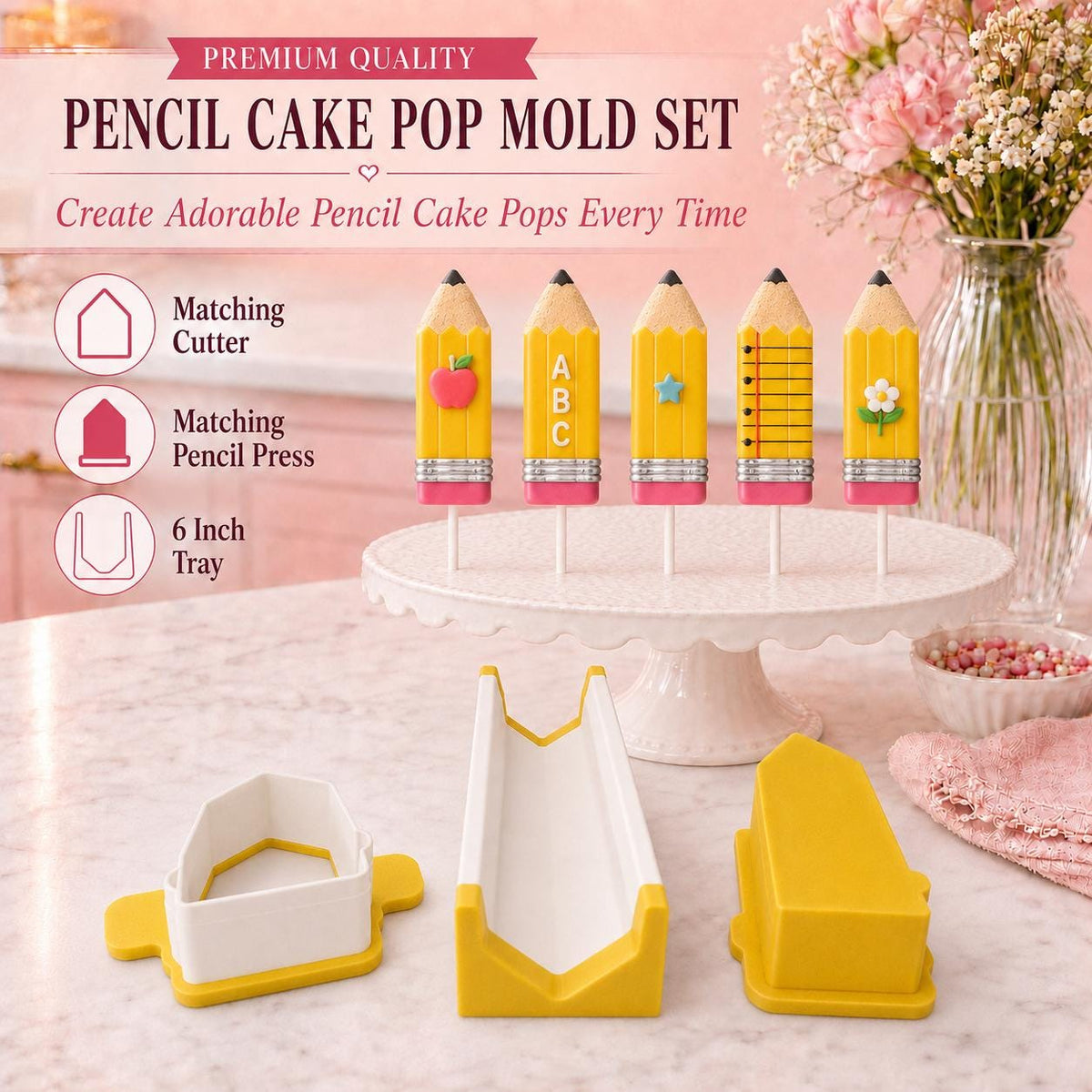 Pencil cake pop mold set with cutter, press tool and tray
