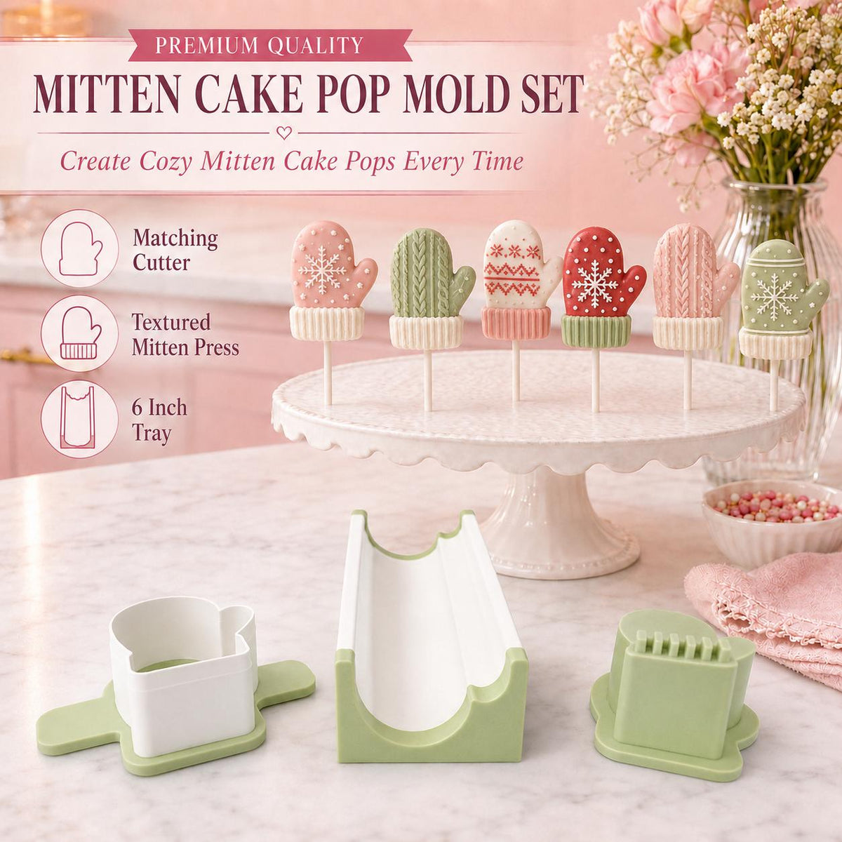 Mitten cake pop mold set with cutter, press tool and tray