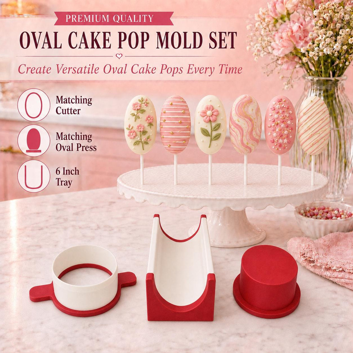 Oval cake pop mold set with cutter, press tool and tray