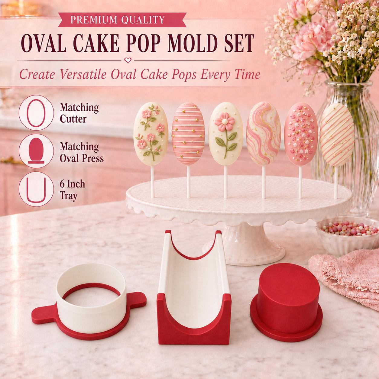 Oval cake pop mold set with cutter, press tool and tray