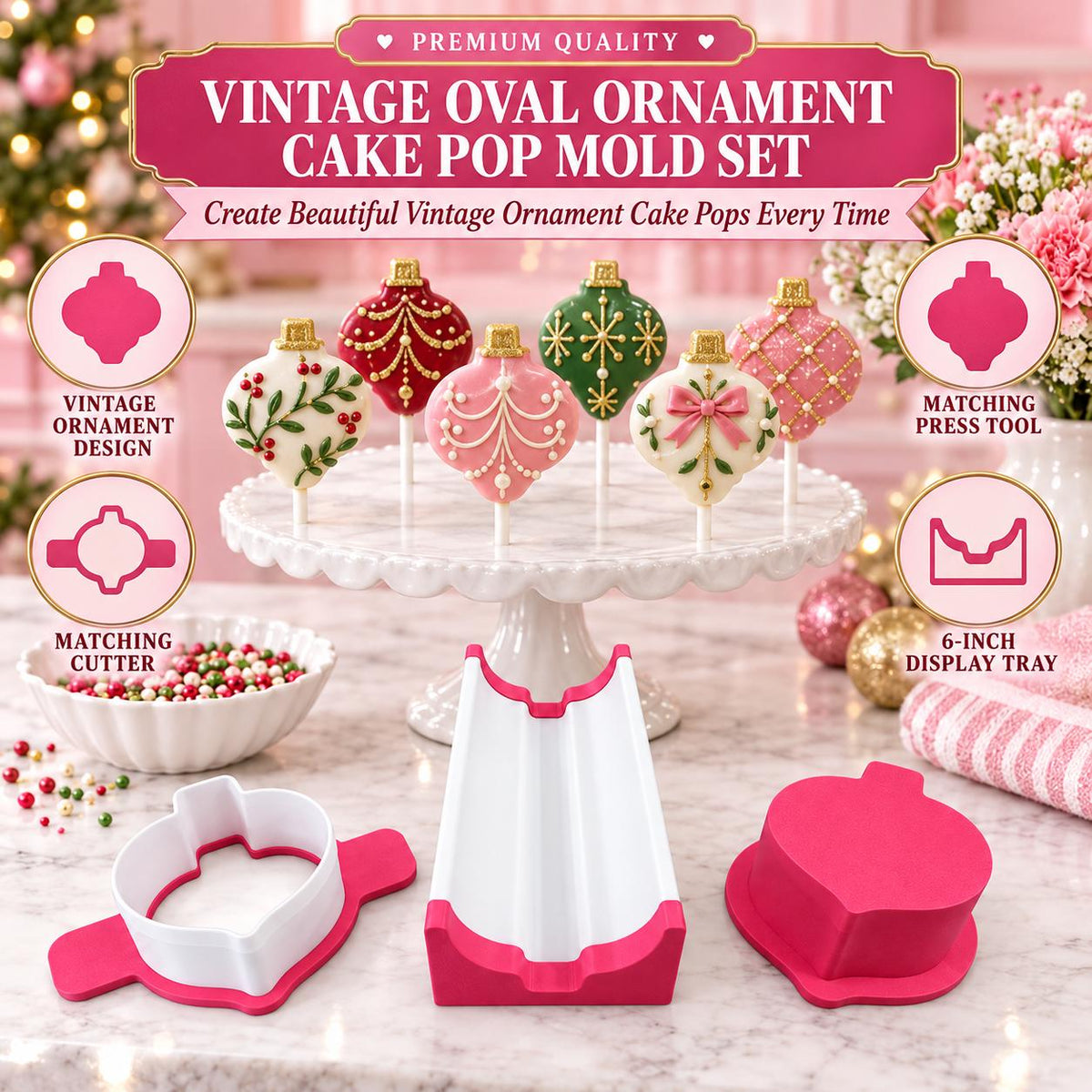 Vintage Oval Ornament Cake Pop Mold Set | Cutter, Press Tool & Tray