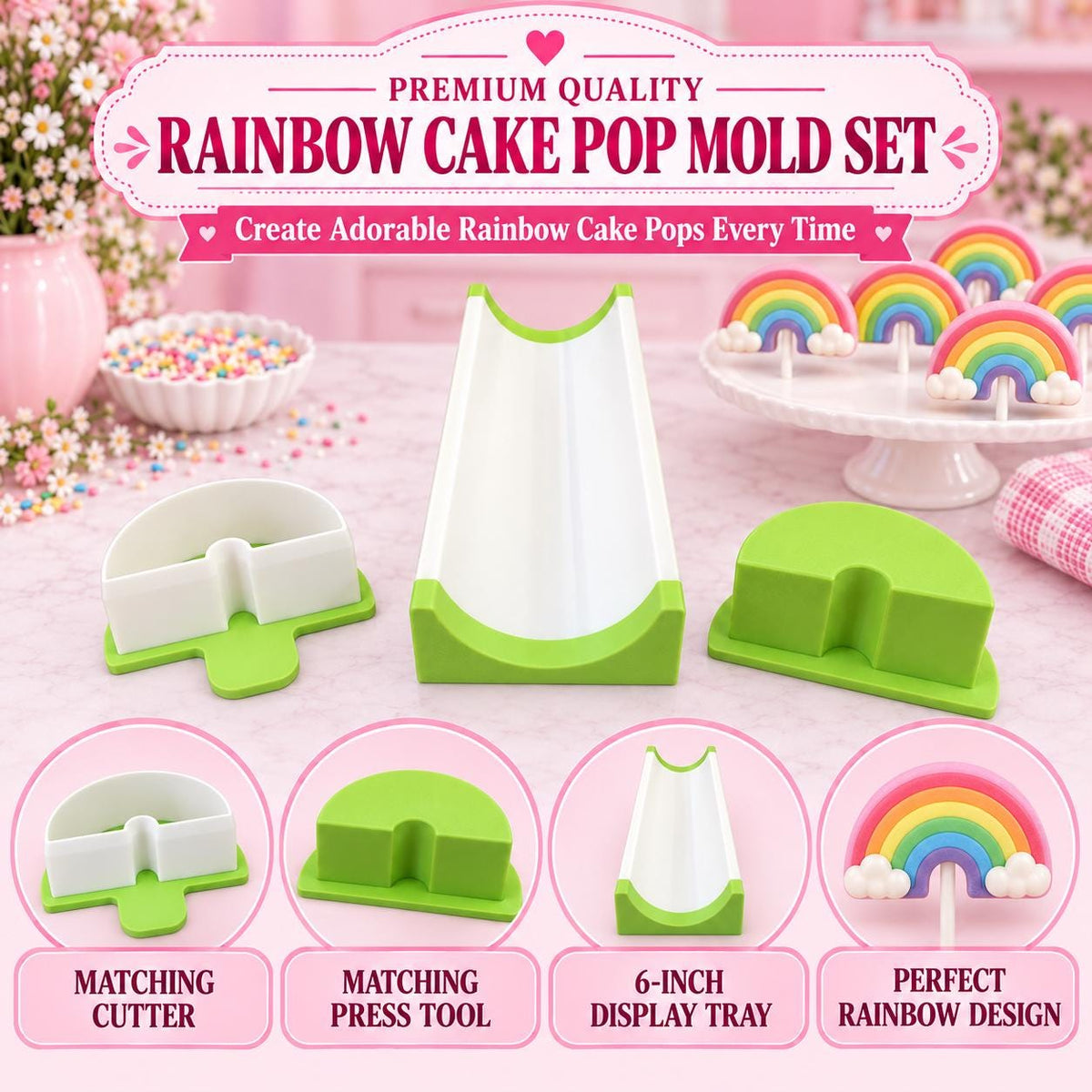 Rainbow Cake Pop Mold Set | Cutter, Press Tool & 6-Inch Tray
