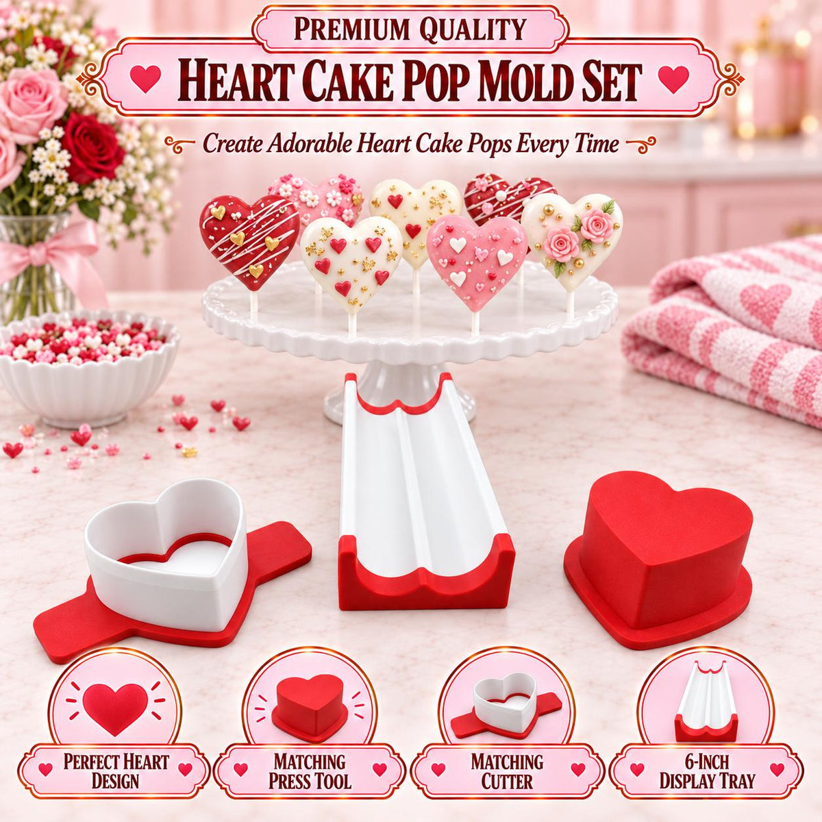 Heart Cake Pop Mold Set | Cutter, Press Tool & 6-Inch Tray