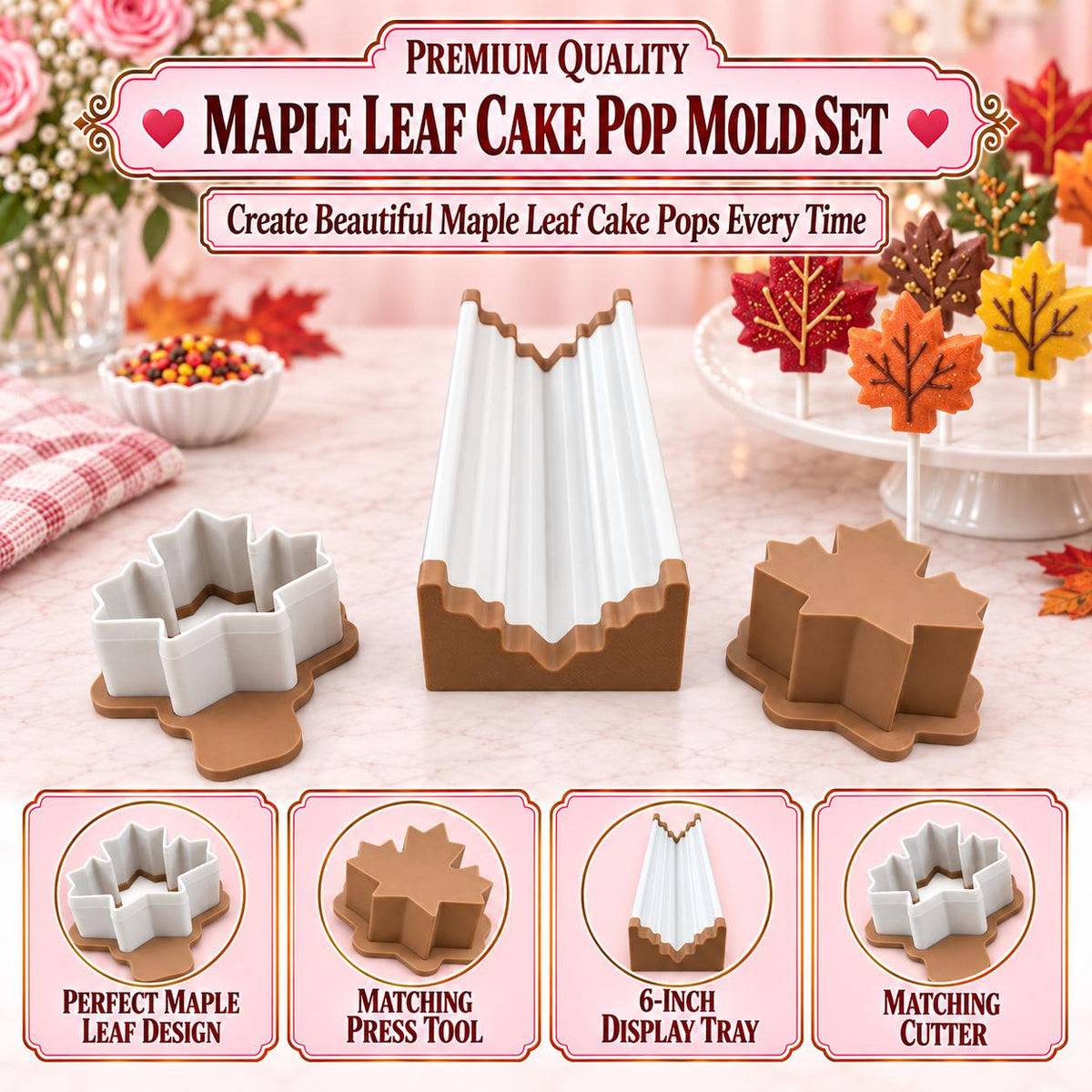 Maple Leaf Cake Pop Mold Set | Cutter, Press Tool & 6-Inch Tray