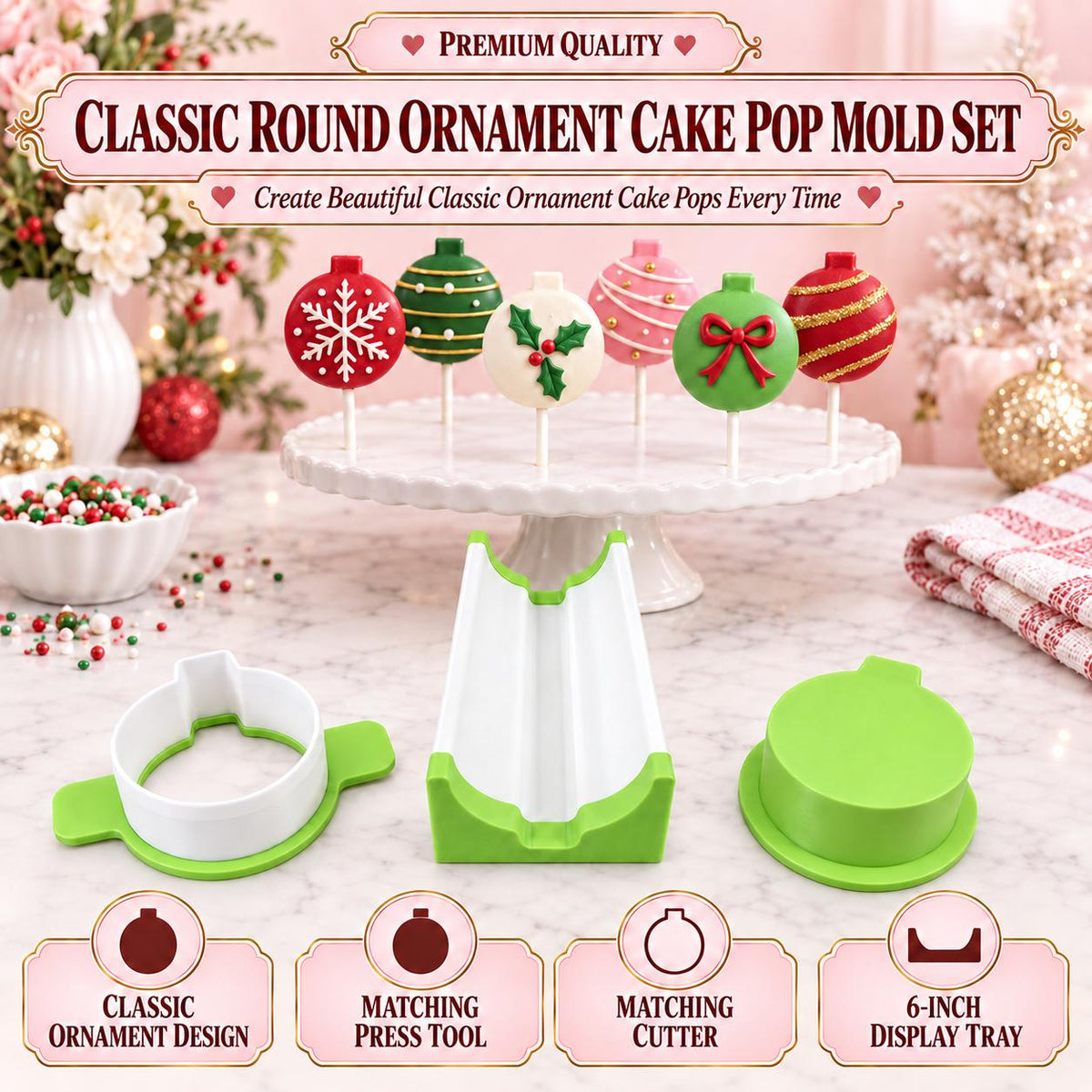 Classic Round Ornament Cake Pop Mold Set | Cutter, Press Tool & Tray
