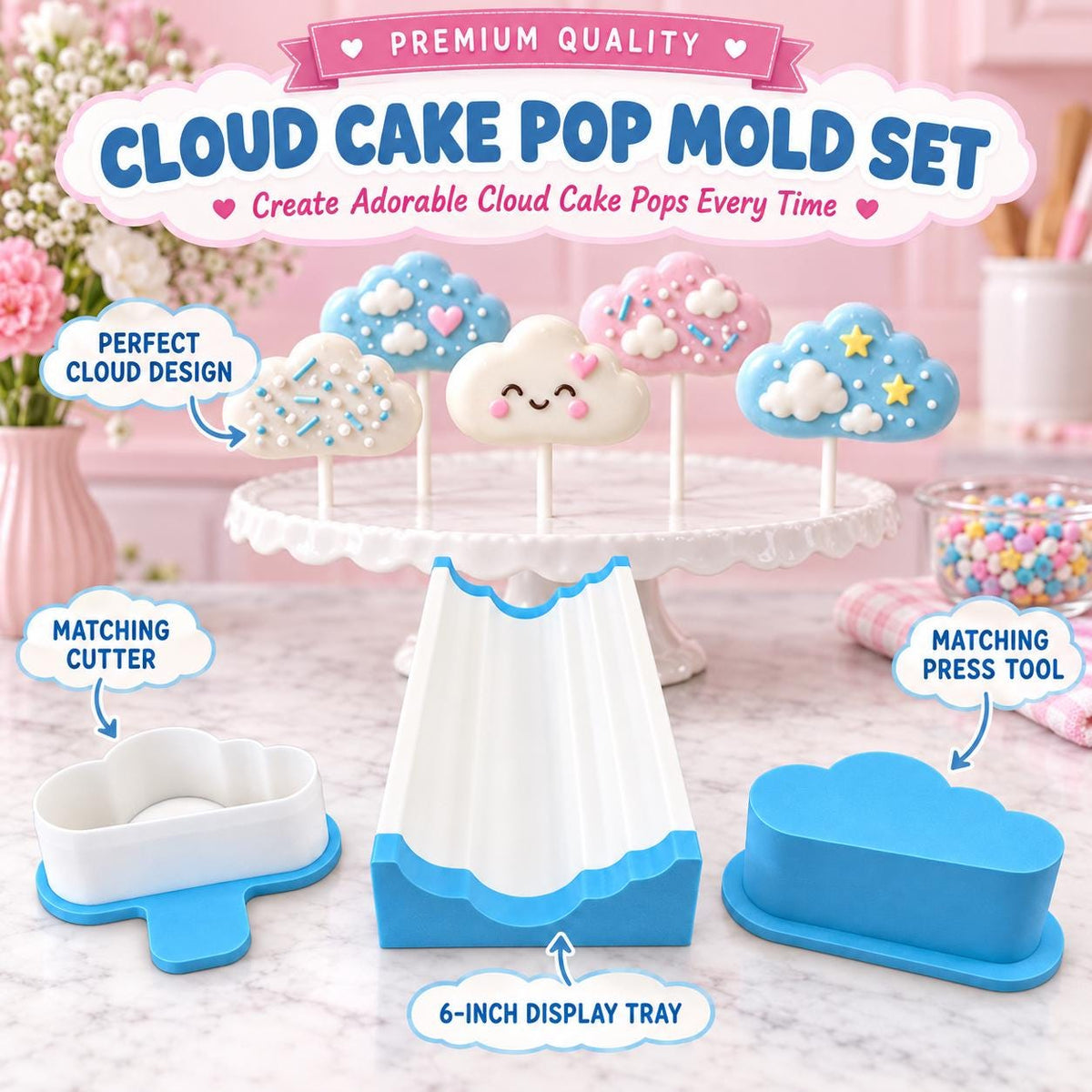 Cloud Cake Pop Mold Set | Cutter, Press Tool & 6-Inch Tray